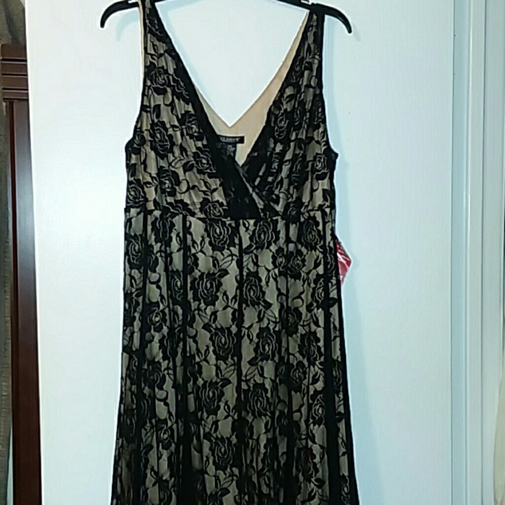 NWOT Black lace type dress with tan underlay